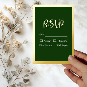 Elegant Gold Script and Frame Foil Green RSVP Card