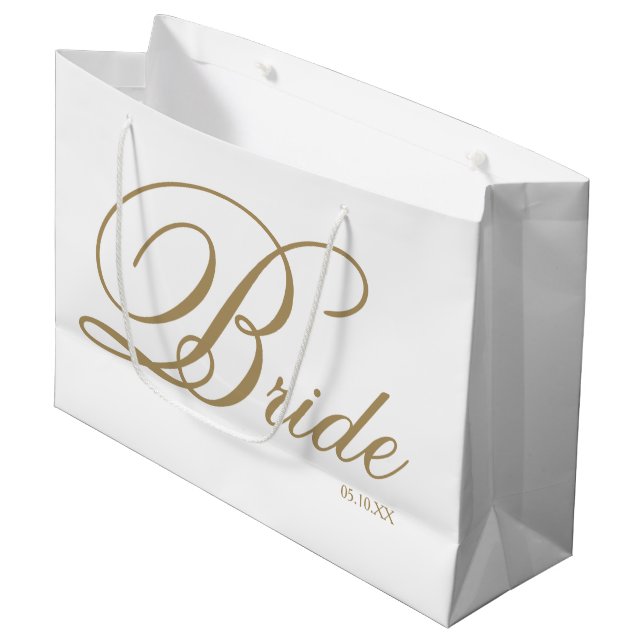 Elegant Gold Script and White Bride Large Gift Bag (Front Angled)