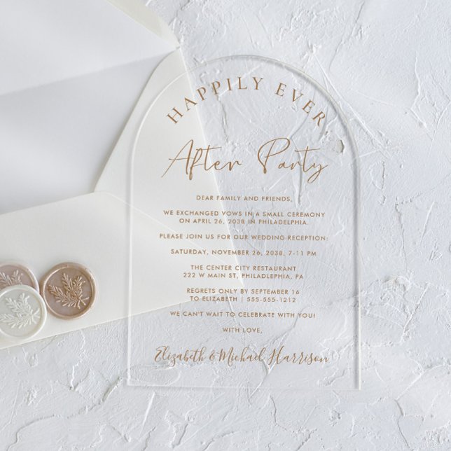 Elegant Gold Script Arch Wedding Reception Acrylic Invitations (Start your forever with elegant arch-shaped acrylic invitations for a timeless Happily Ever After)