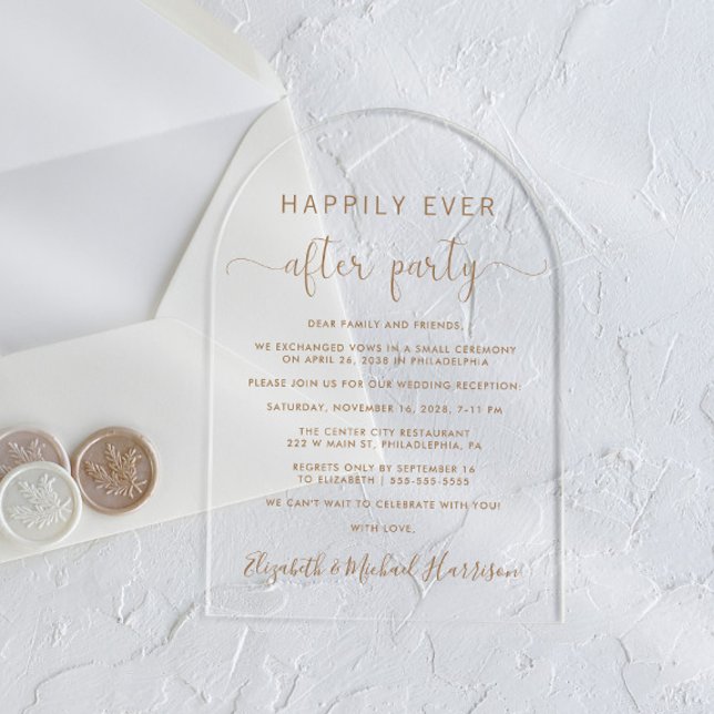 Elegant Gold Script Arch Wedding Reception Acrylic Invitations (Start your forever with elegant arch-shaped acrylic invitations for a timeless Happily Ever After)