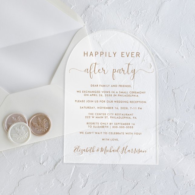 Elegant Gold Script Arch Wedding Reception Frosted Acrylic Invitations (Start your forever with elegant arch-shaped acrylic invitations for a timeless Happily Ever After)