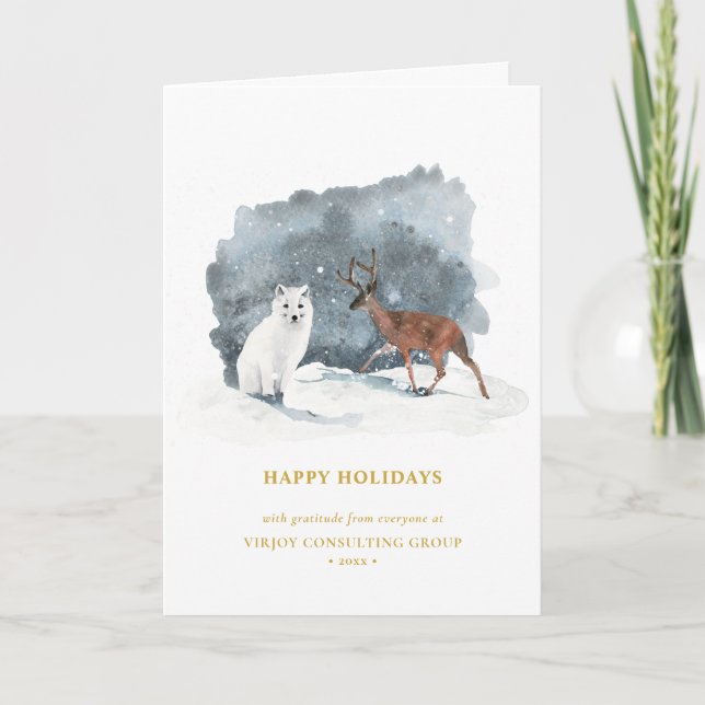 Elegant Gold Script Arctic Winter Business Holiday Card (Front)