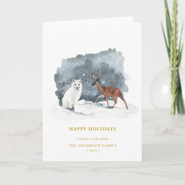 Elegant Gold Script Arctic Winter Minimalist Holiday Card (Front)