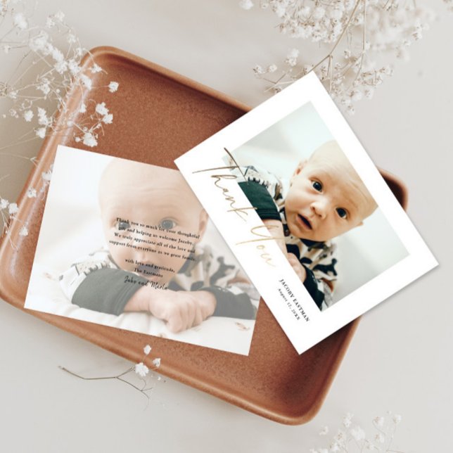 Elegant Gold Script Baby Photo Thank You Card (Creator Uploaded)