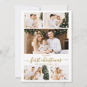 Elegant Gold Script Baby’s First Christmas 5 Photo Holiday Card