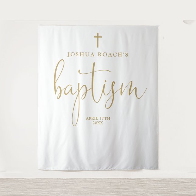 Elegant Gold Script Baptism Photo Backdrop Tapestry (Front)