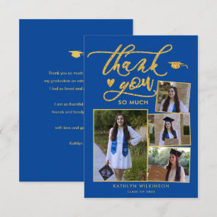 Elegant Gold Script Blue 4 Photo Graduation Thank You Card