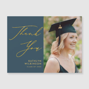 Elegant Gold Script Blue Chic Graduation Thank You