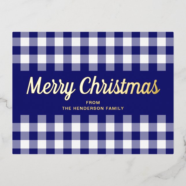 Elegant Gold Script Blue Gingham Merry Christmas Foil Holiday Postcard (Front)