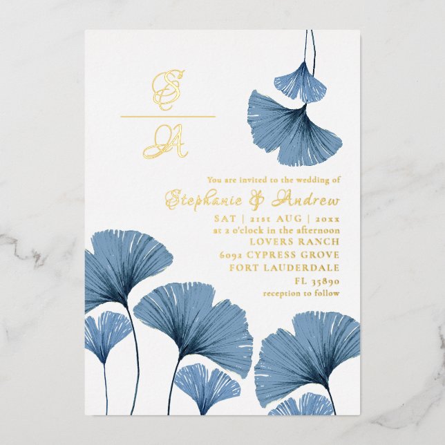 Elegant Gold Script Blue Leaf Wedding Invitation (Front)