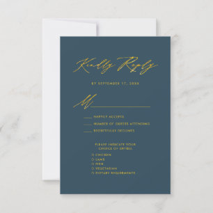 Elegant Gold Script Blue Minimalist Wedding RSVP Card