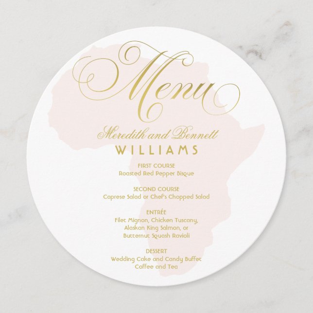 Elegant Gold Script Blush Pink Africa Wedding Menu (Front)