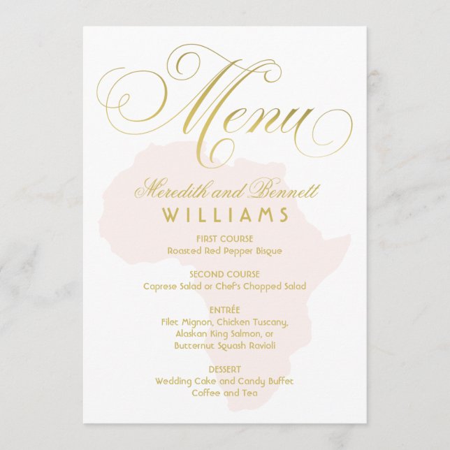 Elegant Gold Script Blush Pink Africa Wedding Menu (Front)