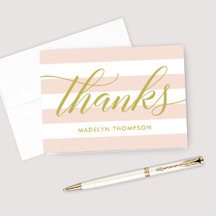 Elegant Gold Script Blush Pink Stripes Thank You Card