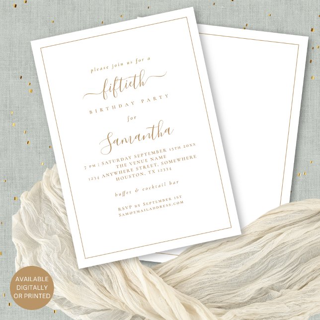 Elegant Gold Script Border 50th Birthday Party Invitation (Front and back view. Available digitally or printed.)