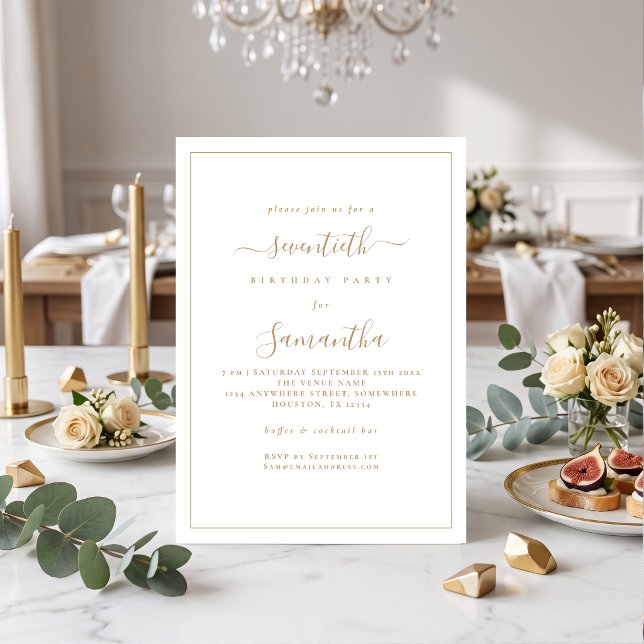 Elegant Gold Script Border 70th Birthday Party Invitation (Creator Uploaded)