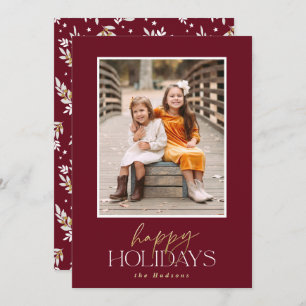 Elegant Gold Script Burgundy Calligraphy Photo Holiday Card