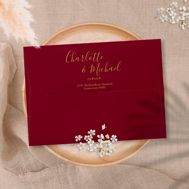 Elegant Gold Script Burgundy Return Address Envelope (Creator Uploaded)
