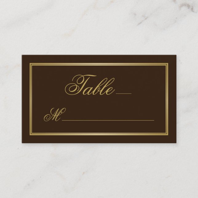 Elegant Gold Script Calligraphy on Brown Wedding Place Card (Front)