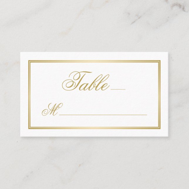 Elegant Gold Script Calligraphy on White Wedding Place Card (Front)