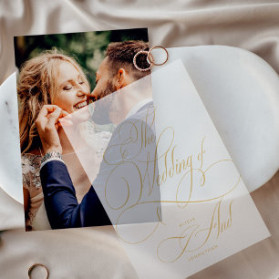 Elegant gold script calligraphy wedding overlay vellum invitations
