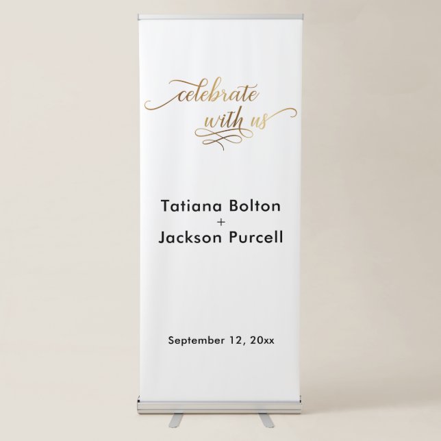 Elegant Gold Script Celebrate with Us Wedding Retractable Banner (Front)