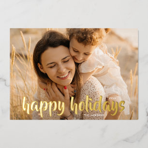 Elegant Gold Script Christmas Photo Happy Foil Holiday Card