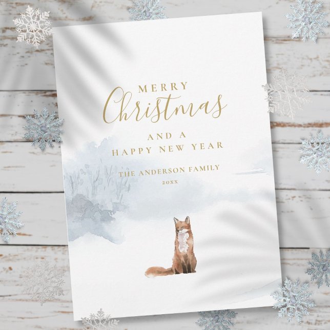 Elegant Gold Script Christmas Winter Fox Holiday Card (Elegant Gold Script Christmas Winter Fox Holiday Card)