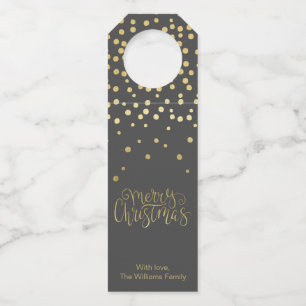 Elegant Gold Script & Confetti Black Christmas Bottle Tag