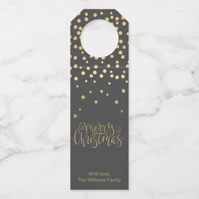 Elegant Gold Script & Confetti Black Christmas Bottle Tag (Front)