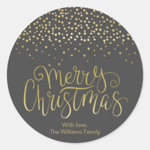 Elegant Gold Script & Confetti Black Christmas Classic Round Sticker
