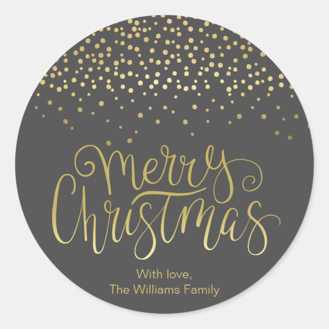 Elegant Gold Script & Confetti Black Christmas Classic Round Sticker (Front)