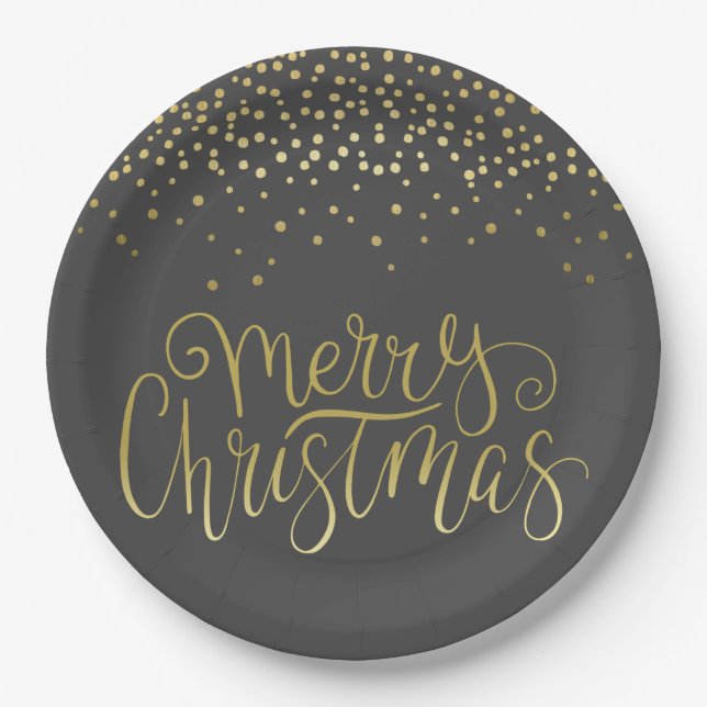 Elegant Gold Script & Confetti Glamourous Christma Paper Plate (Front)