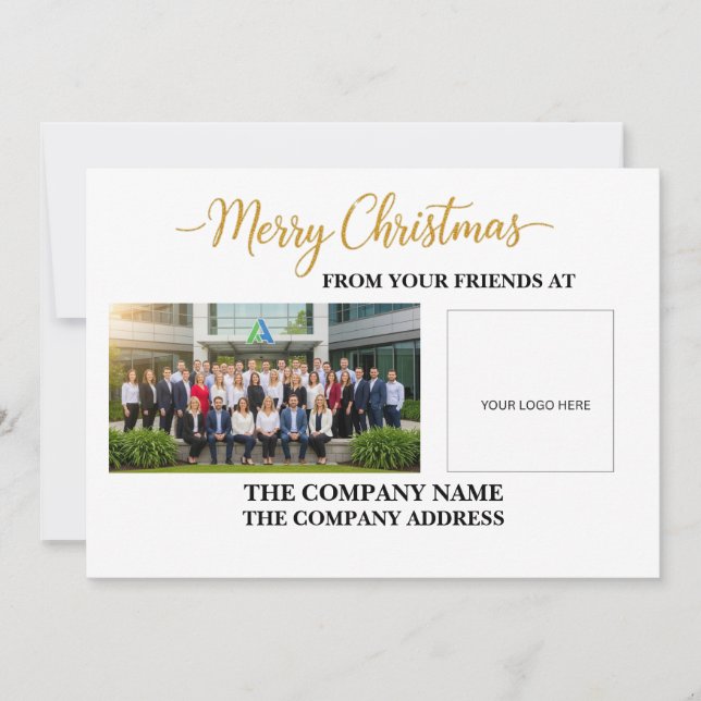 Elegant Gold Script Corporate Team Photo Flat  Holiday Card (Front)