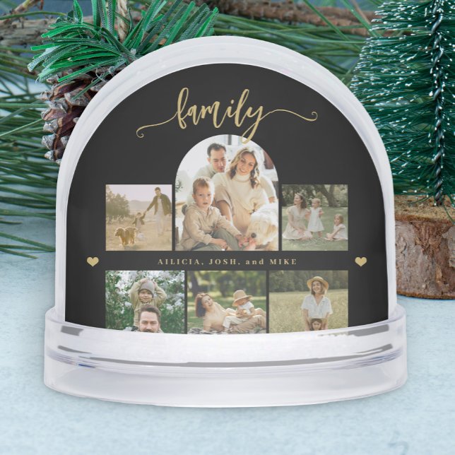 Elegant gold script custom family photo collage  snowglobe (Creator Uploaded)