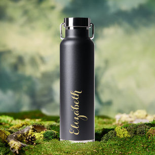 Elegant Gold Script Custom Name Monogrammed Black Water Bottle