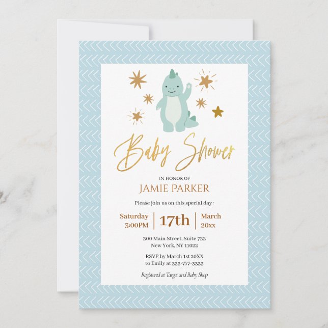 Elegant Gold Script Cute Blue Dinosaur Baby Shower Invitation (Front)