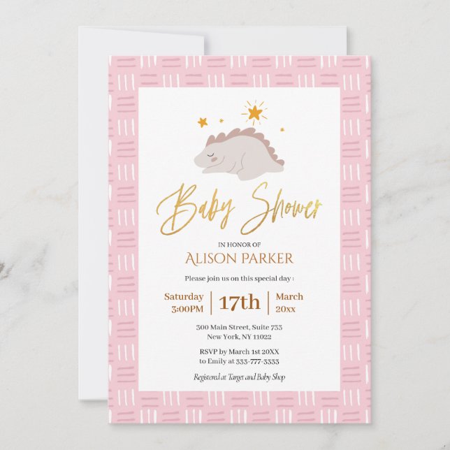 Elegant Gold Script Cute Pink Dinosaur Baby Shower Invitation (Front)