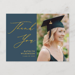 Elegant Gold Script Dusty Blue GRAD Thank You Postcard