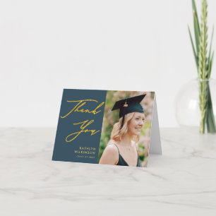 Elegant Gold Script Dusty Blue Simple Graduation Thank You Card