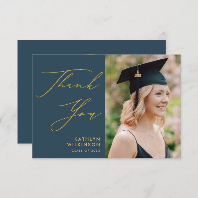Elegant Gold Script Dusty Blue Simple Graduation Thank You Card (Front/Back)