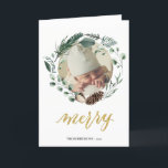 Elegant Gold Script Eucalyptus Foliage Greenery Holiday Card<br><div class="desc">Send holiday wishes and greetings to friends, colleagues and family in simple, cute, chic, elegant and modern photo design festive, natural nature colour style folded holiday cards! A beautiful wreath frame of assorted soft green painted watercolor leaves ( pine tree, eucalyptus, fern ) featuring pretty brown pine cones and ivory...</div>