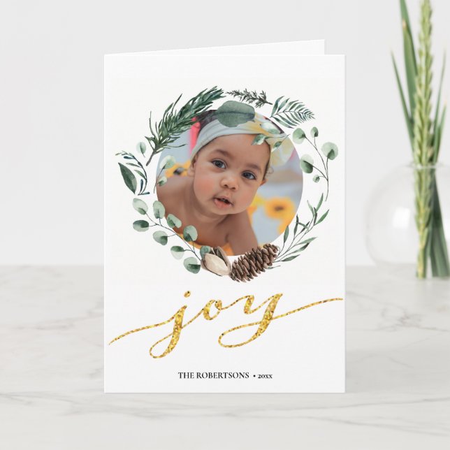 Elegant Gold Script Eucalyptus Foliage Greenery Holiday Card (Front)