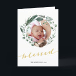 Elegant Gold Script Eucalyptus Foliage Greenery Holiday Card<br><div class="desc">Send holiday wishes and greetings to friends, colleagues and family in simple, cute, chic, elegant and modern photo design festive, natural nature colour style folded holiday cards! A beautiful wreath frame of assorted soft green painted watercolor leaves ( pine tree, eucalyptus, fern ) featuring pretty brown pine cones and ivory...</div>
