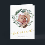 Elegant Gold Script Eucalyptus Foliage Greenery Holiday Card<br><div class="desc">Send holiday wishes and greetings to friends, colleagues and family in simple, cute, chic, elegant and modern photo design festive, natural nature colour style folded holiday cards! A beautiful wreath frame of assorted soft green painted watercolor leaves ( pine tree, eucalyptus, fern ) featuring pretty brown pine cones and ivory...</div>