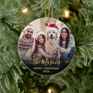 Elegant Gold Script Family Photo Merry Christmas Ceramic Tree Decoration