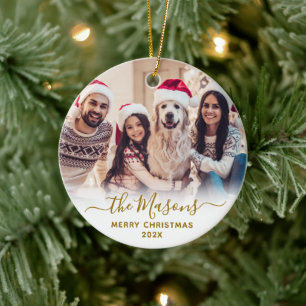 Elegant Gold Script Family Photo Merry Christmas Ceramic Tree Decoration
