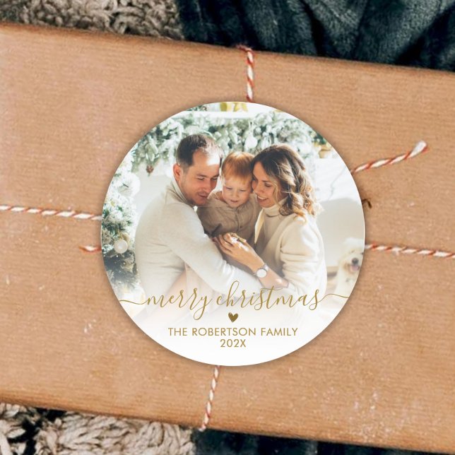 Elegant Gold Script Family Photo Merry Christmas  Classic Round Sticker (Creator Uploaded)