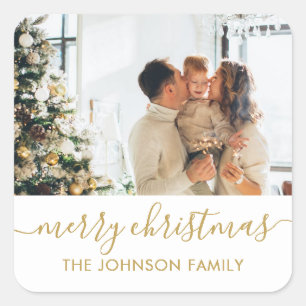 Elegant Gold Script Family Photo Merry Christmas Square Sticker