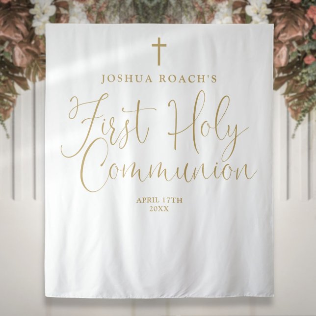 Elegant Gold Script First Holy Communion Backdrop Tapestry (Elegant Gold Script First Holy Communion Backdrop)